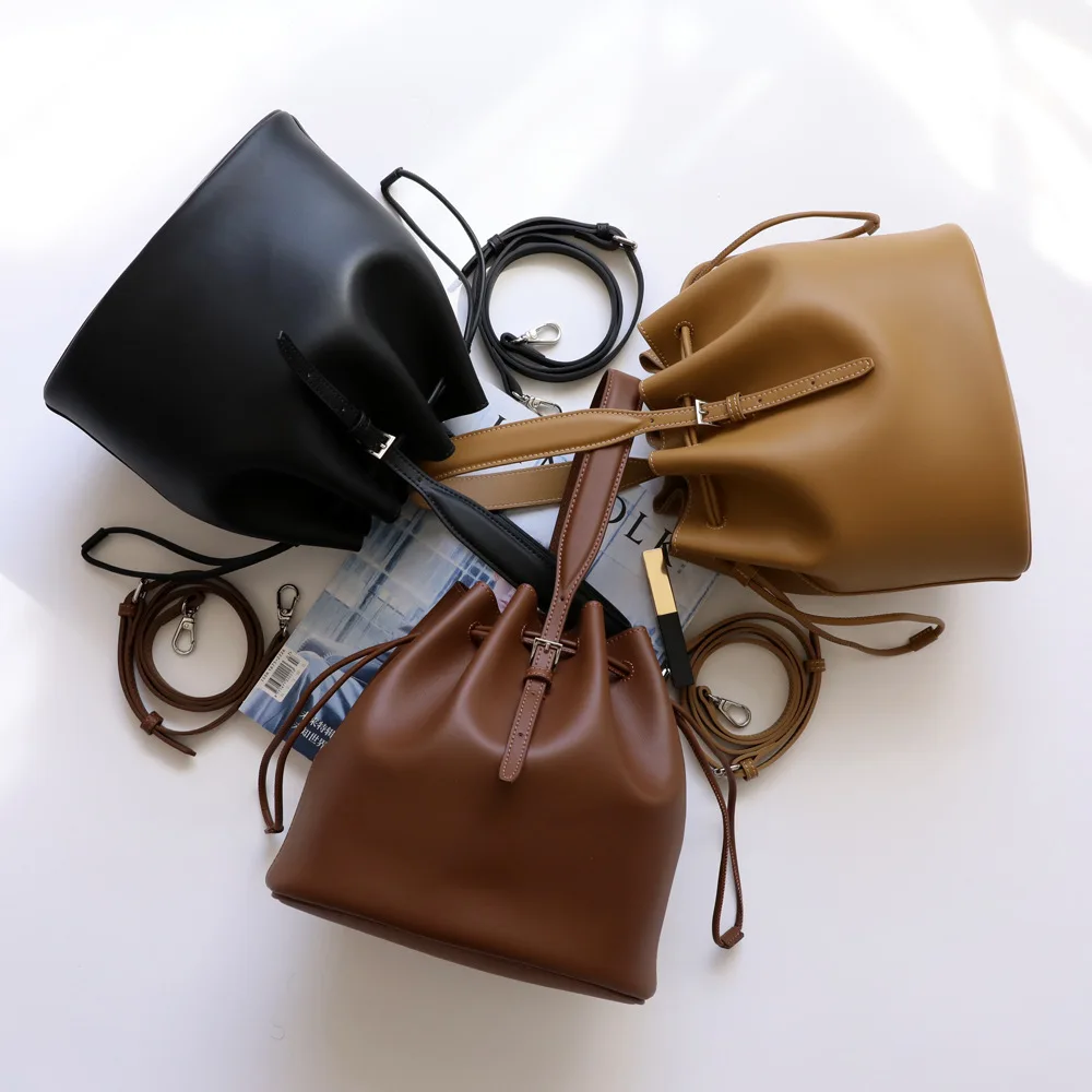 Casual Versatile Drawstring Strap Women Bucket Bag Small Shoulder Messenger Bag Portable Leather Work Handbag for Women Office