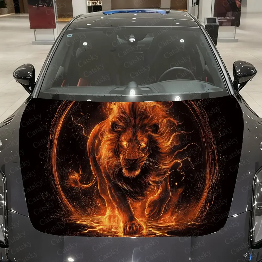 Flame Lion Thunder Rune Car Vinyl Wrap, PVC Waterproof Car Hood Sticker, Self-Adhesive Scratch-Resistant Engine Cover Sticker