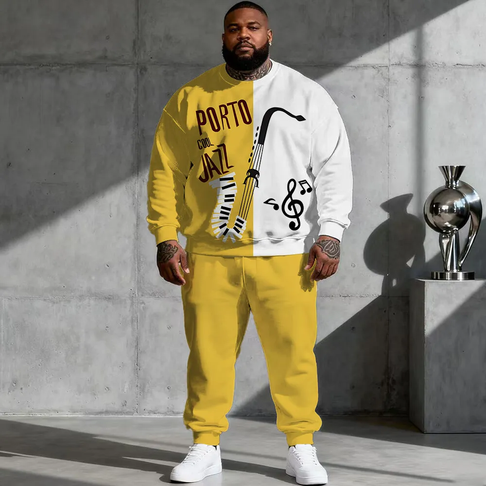 

S-9xl plus size Men's Hoodie Set: Music Vibe - 2-Piece Groovy-Chic, Soft Warm Fabric, Minimalist Note Printsl Guy