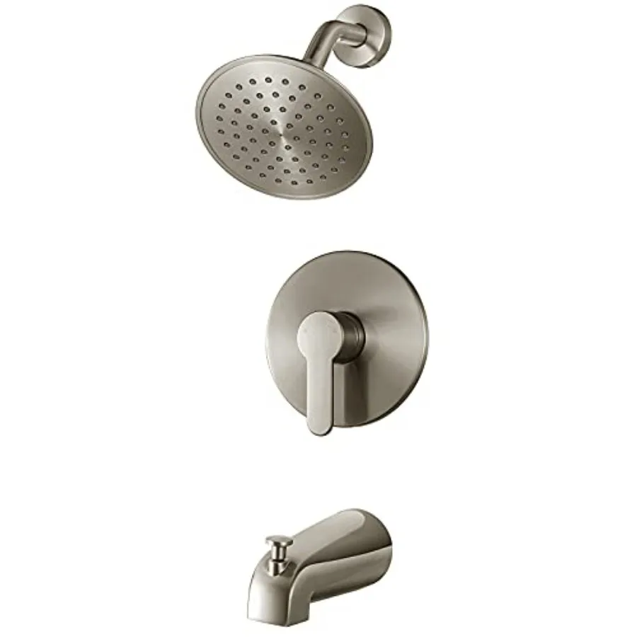 

Tub Shower Faucet Set with Valve for Bathroom, Brushed Nickel, High-Pressure Rain Showerhead, 6 Inch, Complete Set