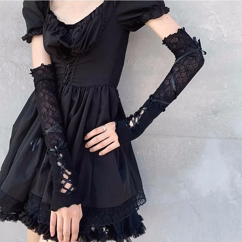 Lolita Sweet Girls Strapping Bow Fishnet Lace Fingerless Gloves Sexy Floral Sunscreen Oversleeve JK Gothic Elastic Mesh Handwear