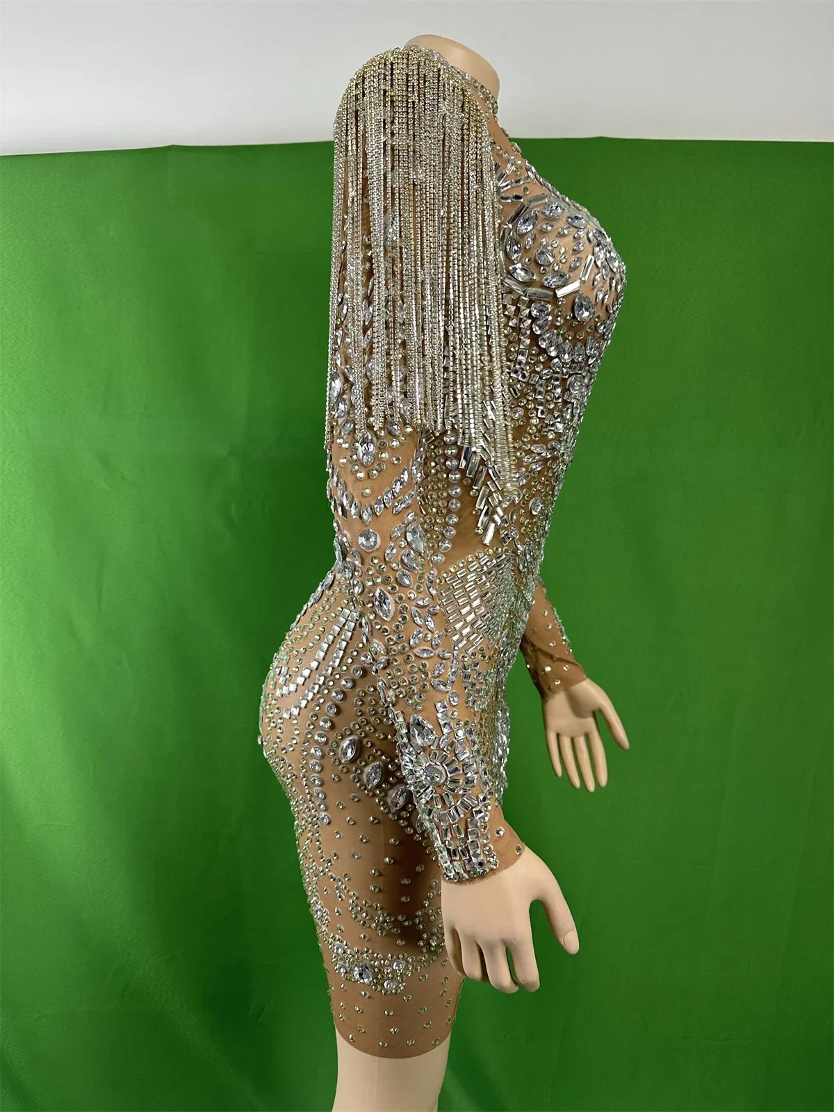 فستان حجر الراين الكامل اللامع للنساء انظر من خلال تمتد حفلة عيد ميلاد الحفر مرحلة ارتداء أداء سحب الملكة زي