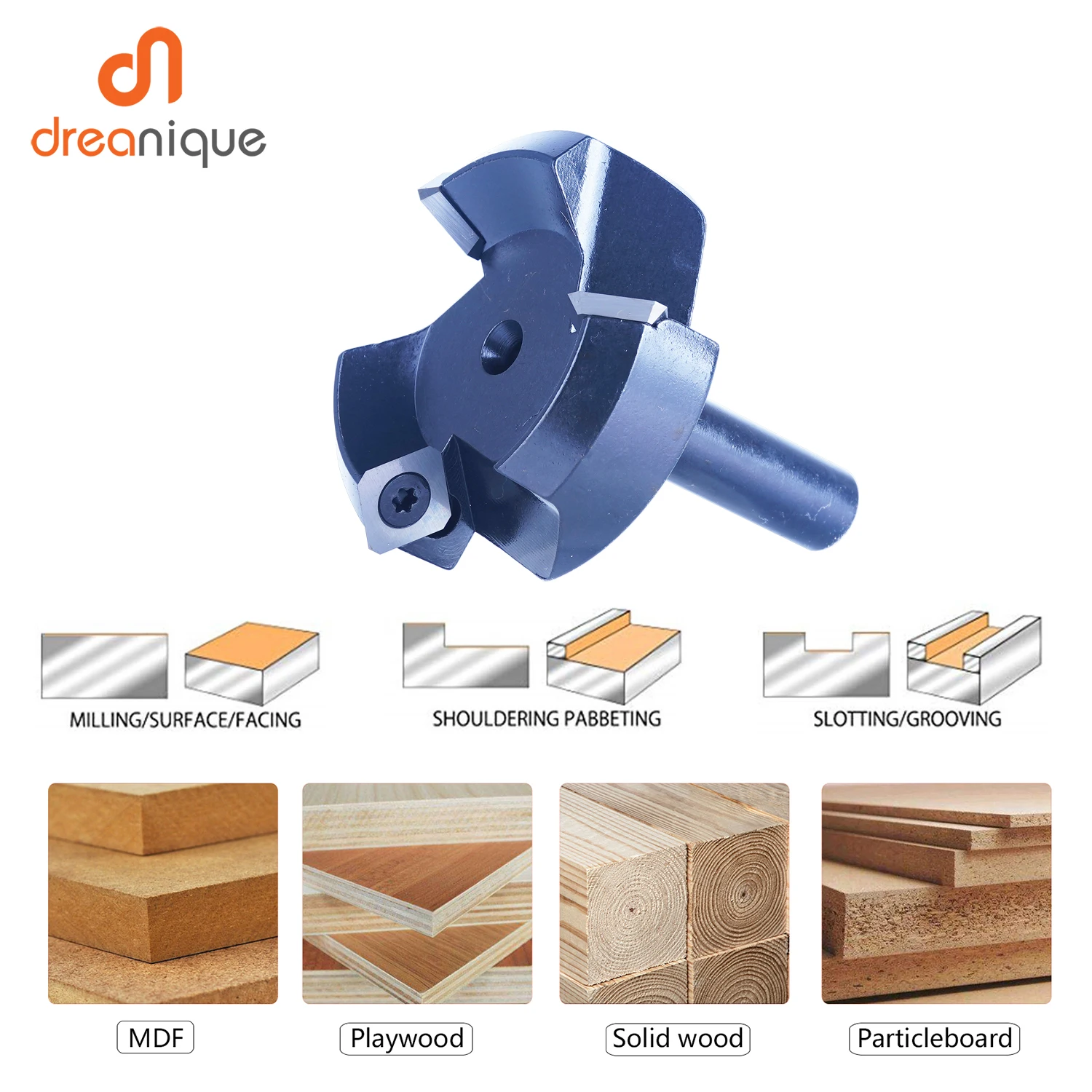 

Dreanique 3 inserts Wood Planer Bit 60mm Cutting Diameter 12mm Shank Spoilboard Surfacing Tambour Router Bit Insert Carbide Slab