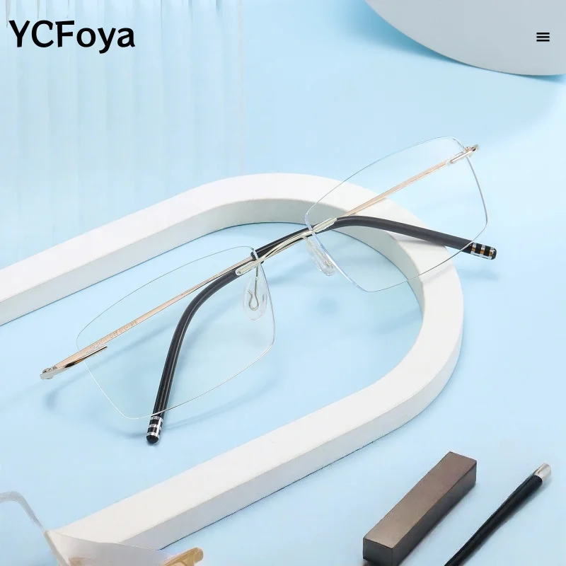 

YCFoya ультралегкие очки для чтения без оправы премиум-класса для мужчин и женщин с защитой от синего света, деловая оптическая оправа для очков 8161-21D