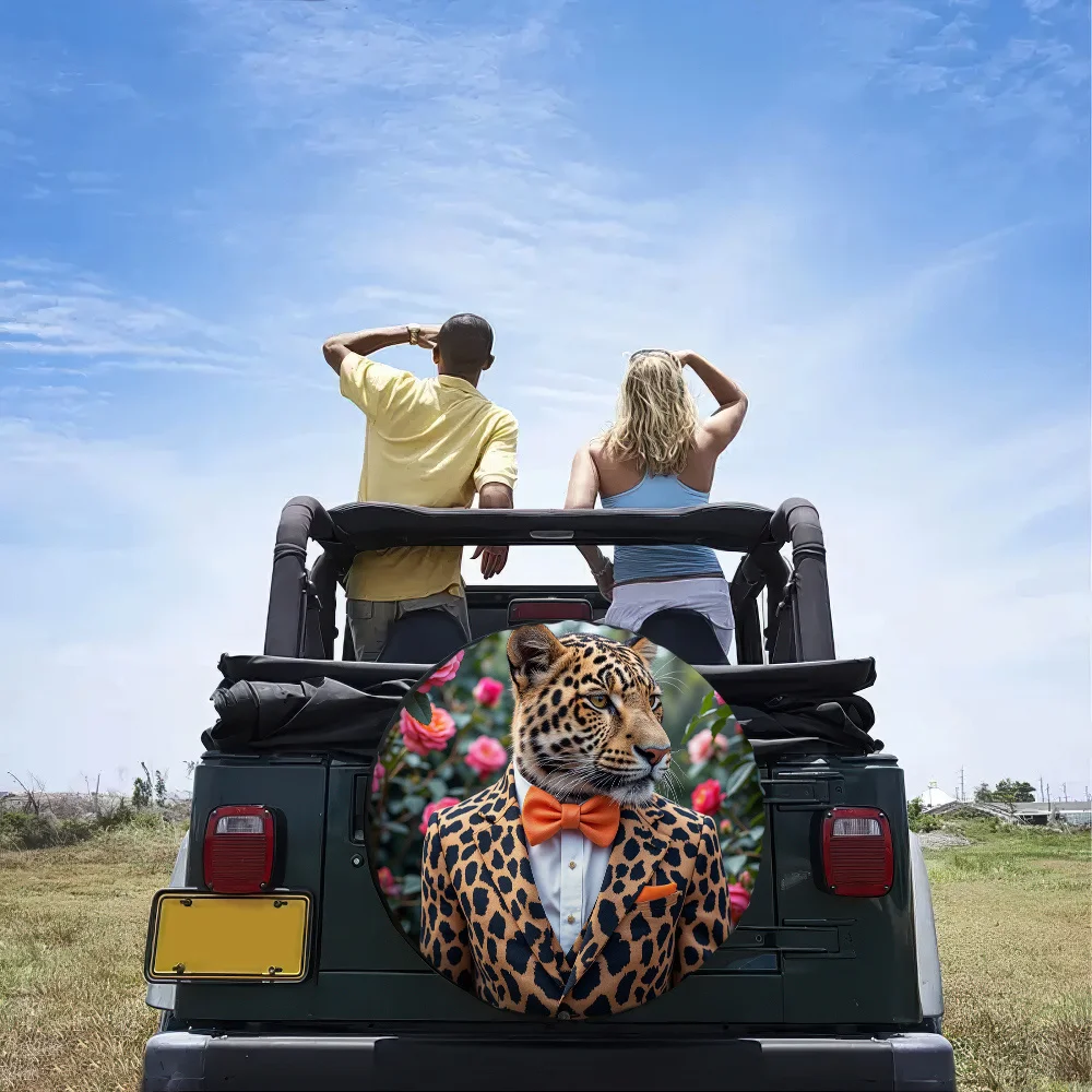 1pc Leopard Floral Tuxedo Suit Tire Cover - 2D Flat Print Polyester, Black With Orange Bow Tie & Pink Roses Design, Perfect For