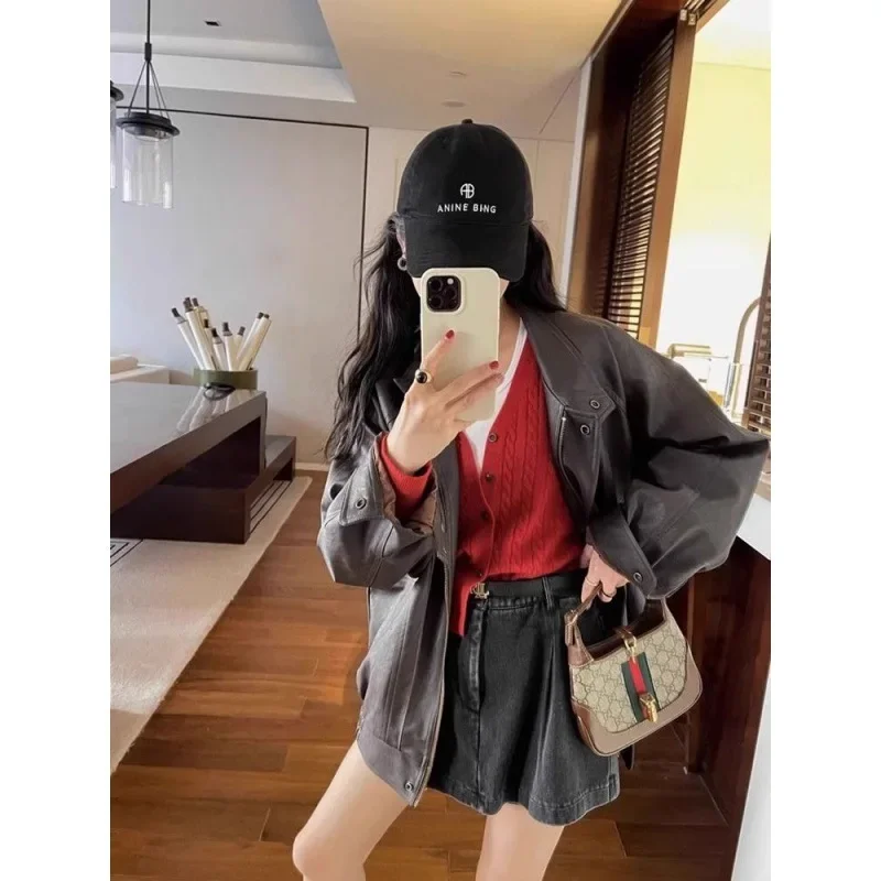 Lautaro Autumn Cool Brown Oversized Leather Jacket Women Drop Shoulder Long Sleeve Zippper High Quality American Retro Clothing