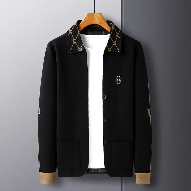 

High end brand long sleeved men's lapel knitted cardigan autumn winter fashion B letter embroidery design casual sweater coat