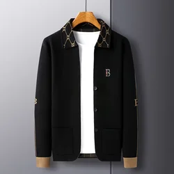 High end brand long sleeved men's lapel knitted cardigan autumn winter fashion B letter embroidery design casual sweater coat
