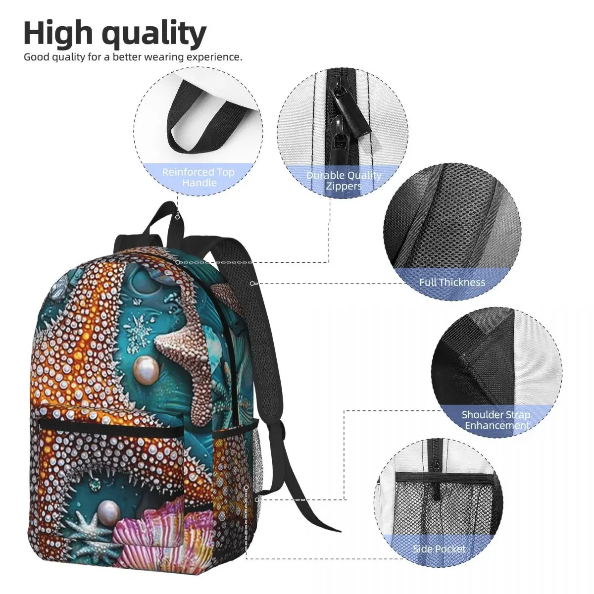 Beachthemed Starfish Shell Pattern Backpack Student BookBag Kids School Bag Computer Shoulder Bags for Men Women