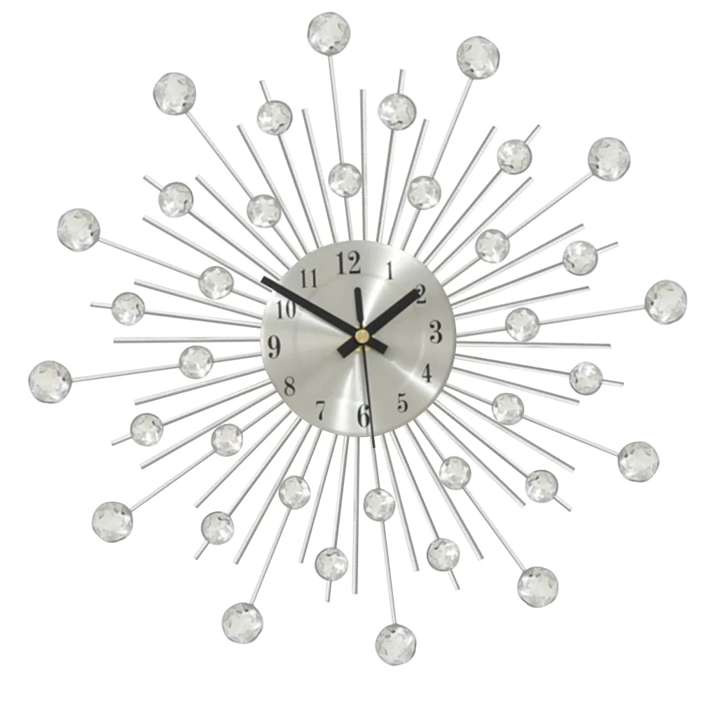 Metal Craft Rhinestone Wall Clock Retro Silent Non-Ticking Quartz Operated Decorative Clock for Living Room Bedroom
