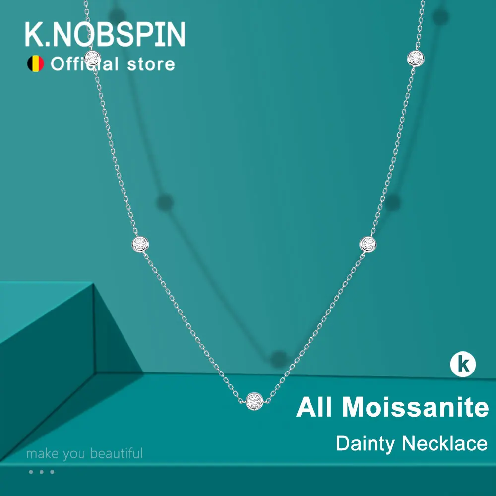 KNOBSPIN S925 Sterling Silver Moissanite Necklace 5 Sparkling 4mm Stones Minimalist Necklaces for Women Wedding Anniversary Gift