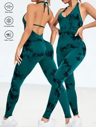 Women's Tie Dye Seamless Workout Jumpsuits One Piece Soft&Stretchy Fashion V-Neck Halter Open Back Yoga Sports Bodysuit