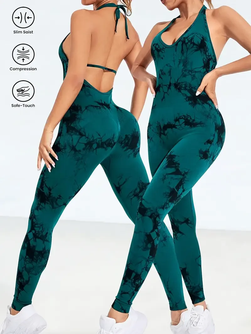Women's Tie Dye Seamless Workout Jumpsuits One Piece Soft&Stretchy Fashion V-Neck Halter Open Back Yoga Sports Bodysuit