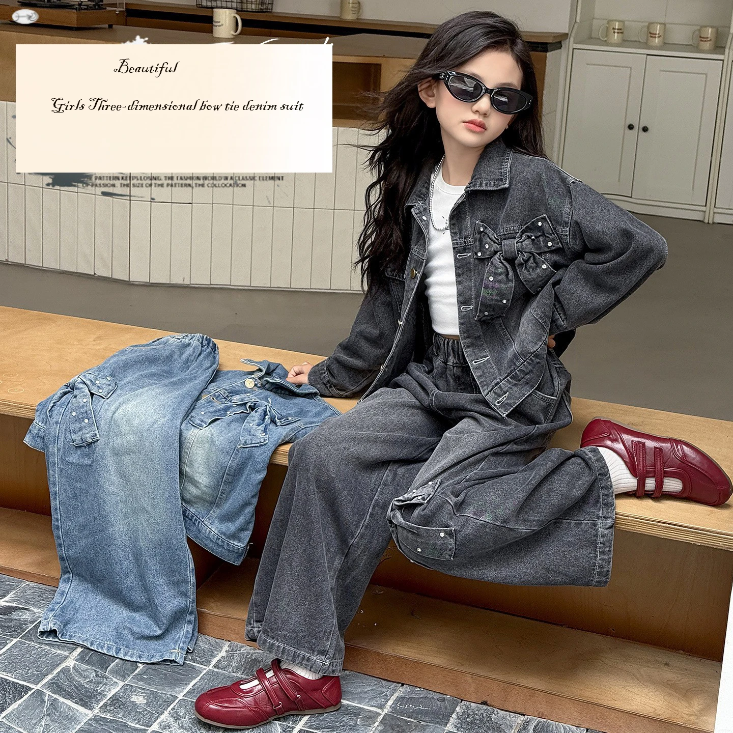 Girls' Three-Dimensional Butterfly Knot Denim Set fashion wide-leg pants set girls spring clothing