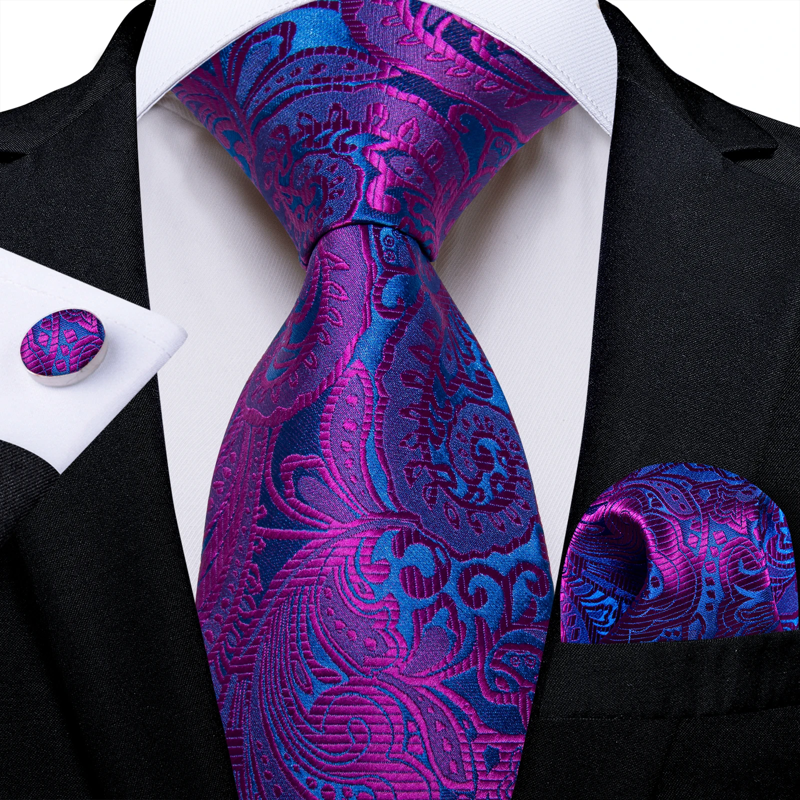 Luxuriöses Lila Paisley-Muster Herren-Krawatten-Set mit Taschentuch und Manschettenknöpfen, 8 cm, Hochzeits- und Party-Accessoires, Geschenk für den Ehemann – Detail 6