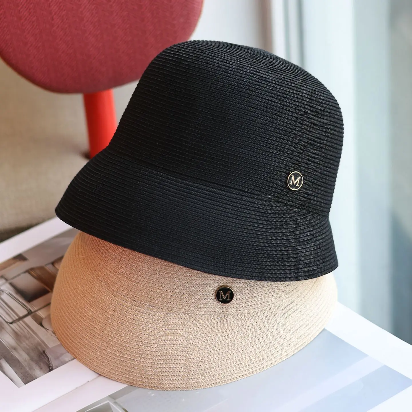 Japanese Simple Small Brim M Logo Braided Casual Fisherman Hat, Spring Summer Versatile Sun Hat Slim Face