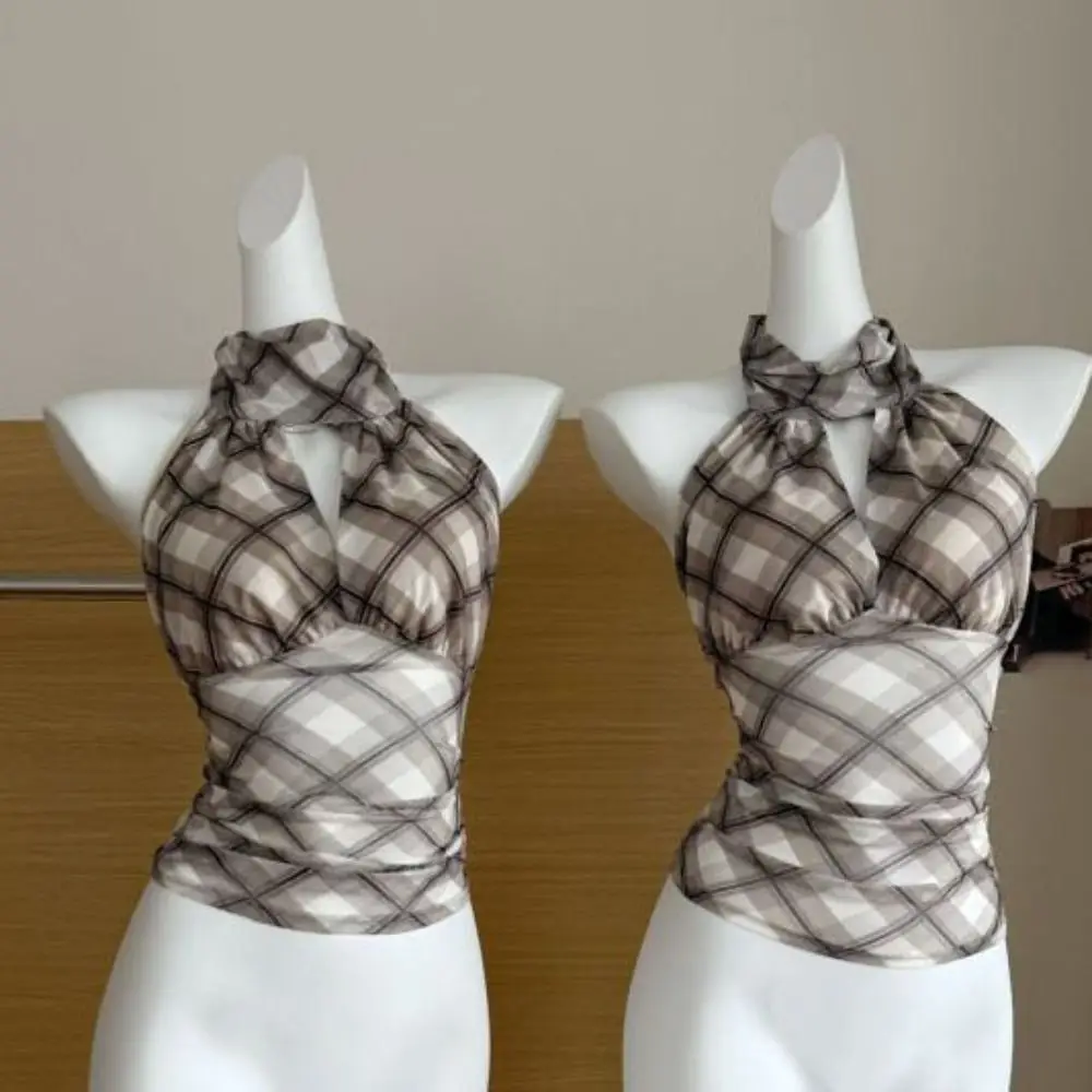 

Sweet Plaid Stripe Halter Sleeveless Camisole Pleated Backless Slim Crop Tops Lace Up Spicy Girl Style Suspender Vest Travel