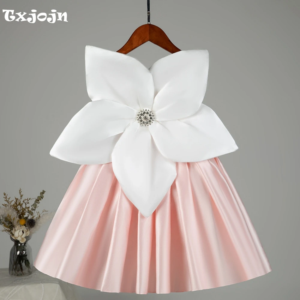 Hot Sale Kids Tank Sleeve A-line Satin Prom Gown Comfortable Classy Girls 3D Flower Princess Dresses  For Bithday Party