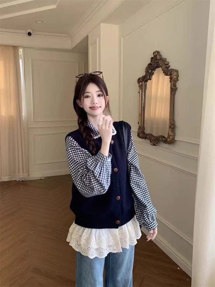 

Sweet Knitted Cardigan Vest 2 Piece Sets Women Korean Chic Plaid Shirt Long Sleeve Tops Y2K Fashion Preppy All Match Tanks Suit