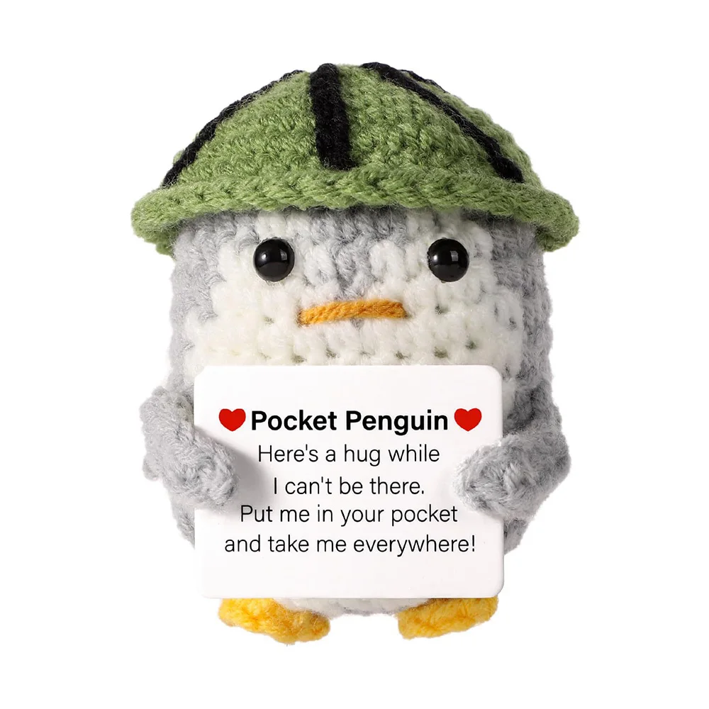 Positive Energy Penguin Hug Pocket Mini Handmade Plush Wool Knitting Doll With Card Funny Christams Gift Home Room Decoration