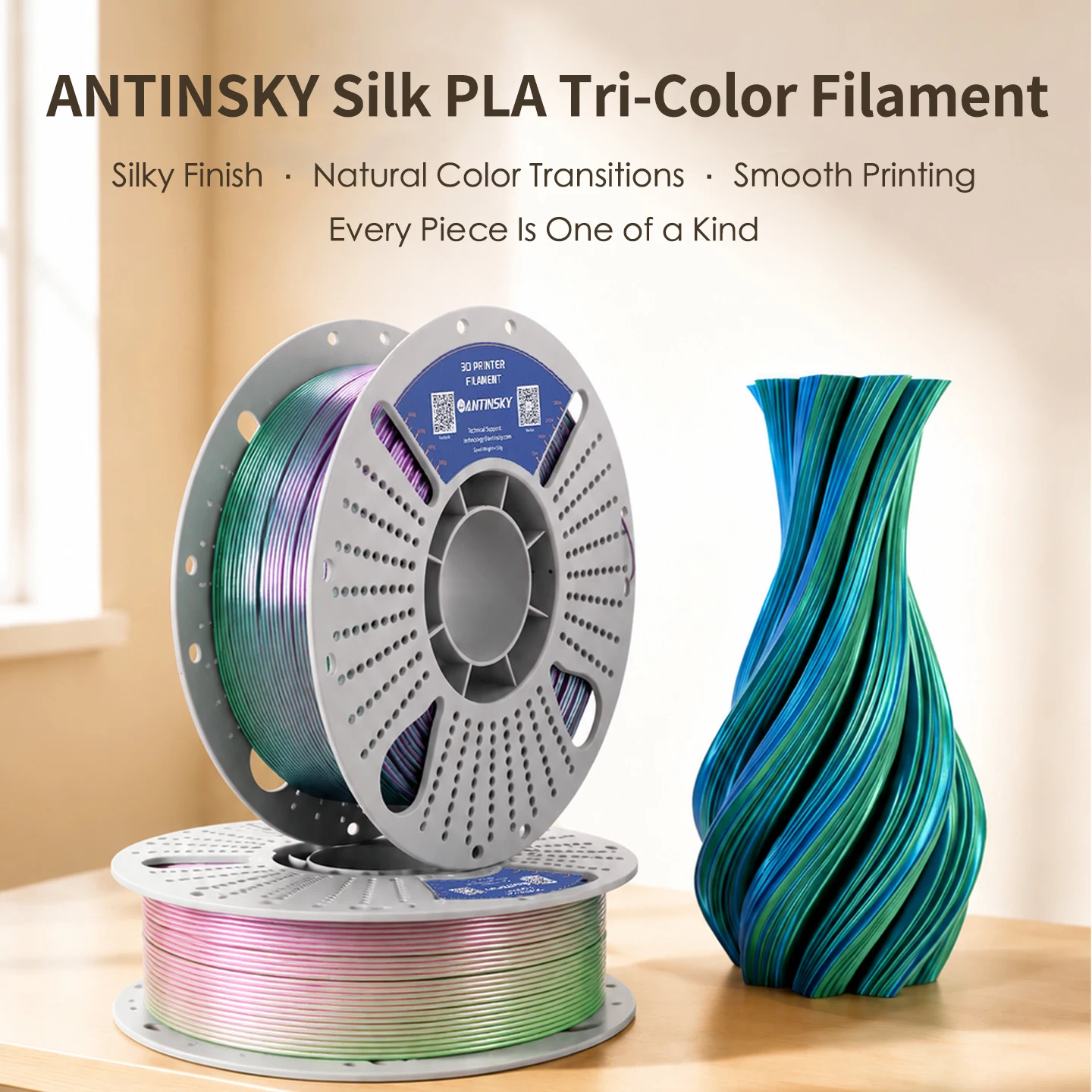 ANTINSKY PLA-Silk Three Filament 1.75mm 1KG,Single Strand 3 Colors,Silk Glossy Surface,Low Warping FDM 3D Printer Material