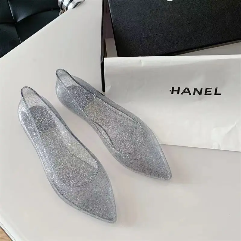 2023 New Women\'s Shallow Crystal Pointed Flat Sole Shoes Soft Bottom Non Slip Cover Foot Rain Shoes Flash Gold Casual Shoes