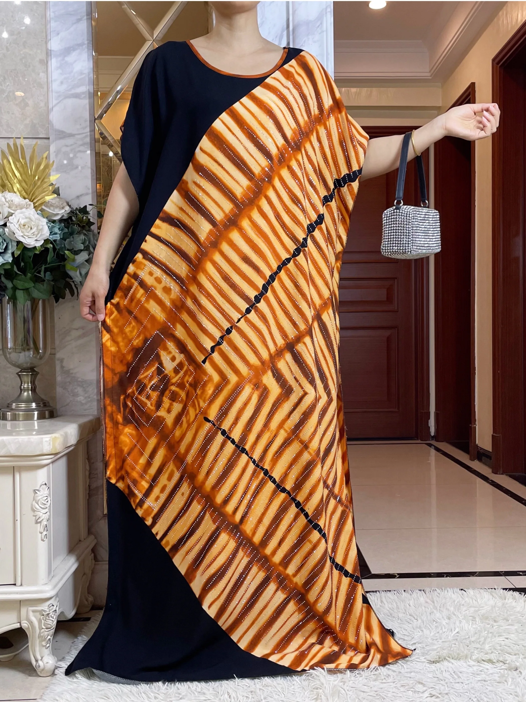 2024New Abaya Loose Short Sleeve African Diamond Pattern Printing Soft Cotton Woman Elegant Maxi Islam Lady Dress With Big Scarf