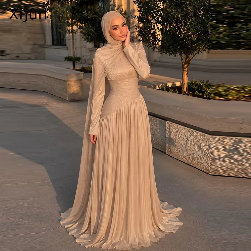 Xijun Modest Champagne Evening Dresses Long Sleeves Pleated A-Line Prom Dresses O-Neck Musilm Formal Prom Gowns 2026 Customized