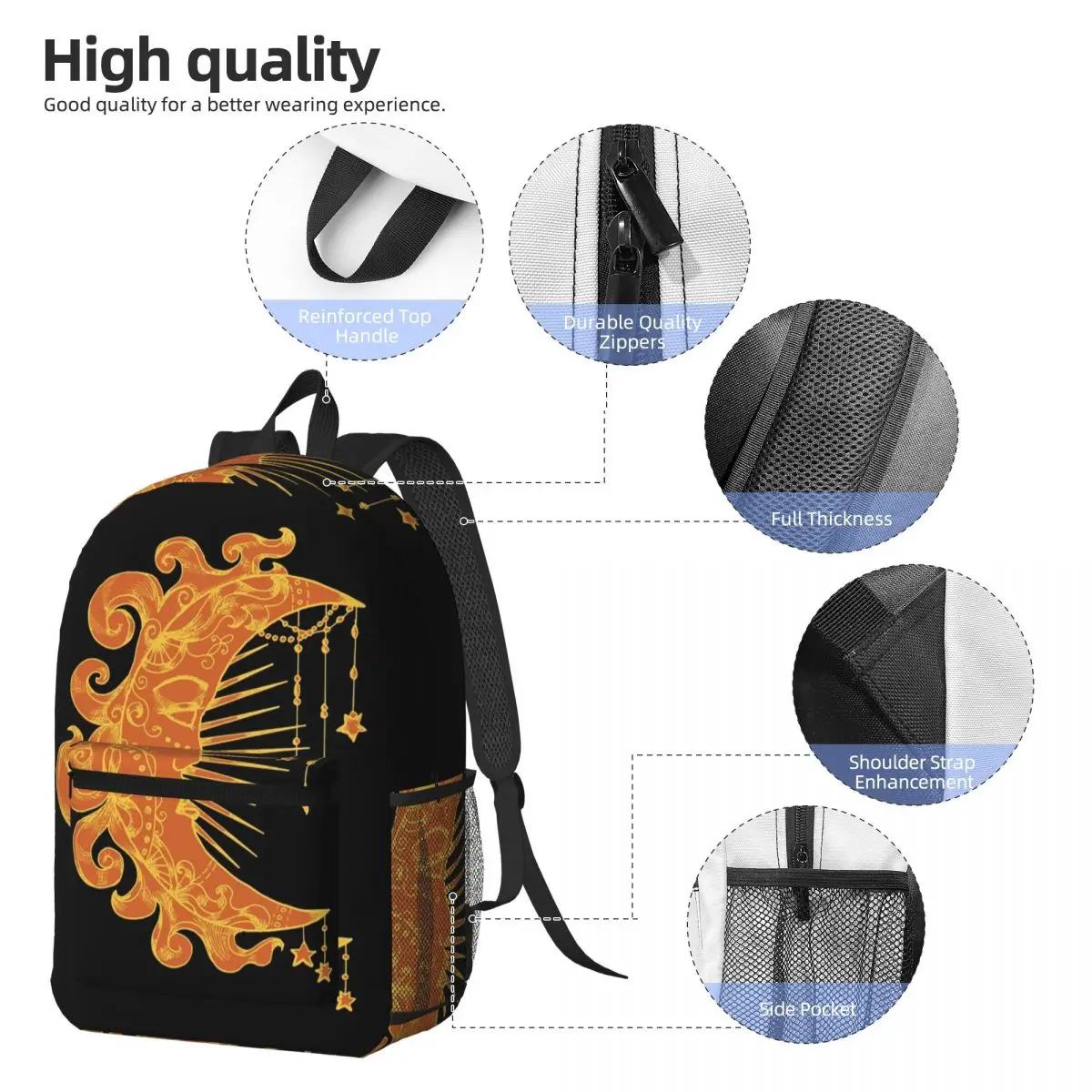 Witchy Mystic Moon Face Stars Sun Backpack Daypack Large Capacity Children BookBag School Bag Shoulder Bags for Men Women