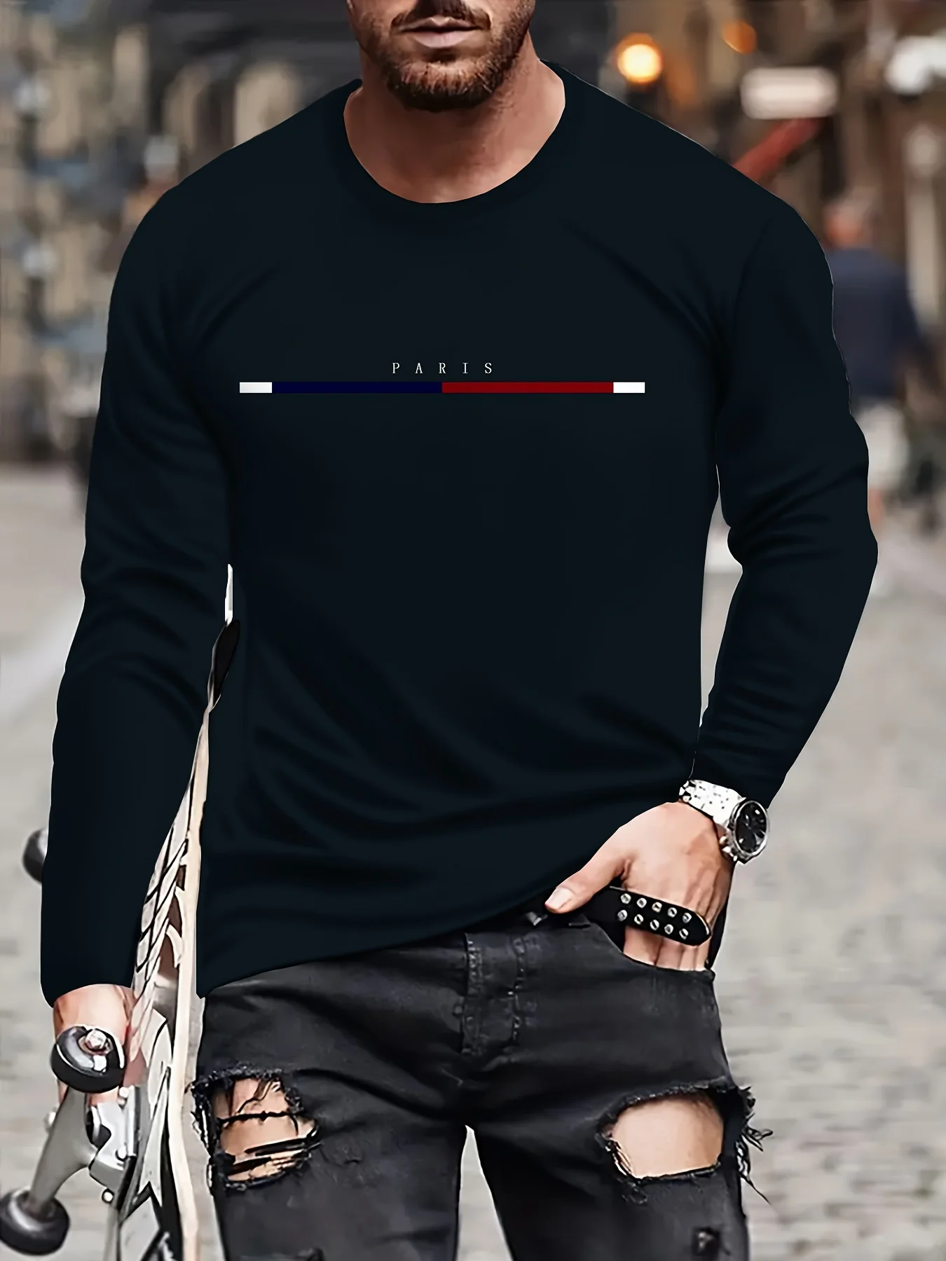 New Fall Men's Long-sleeved T-shirt Casual Simple Printing Men's Black Round Neck T-shirt Fashion Street Shooting Large Size Top