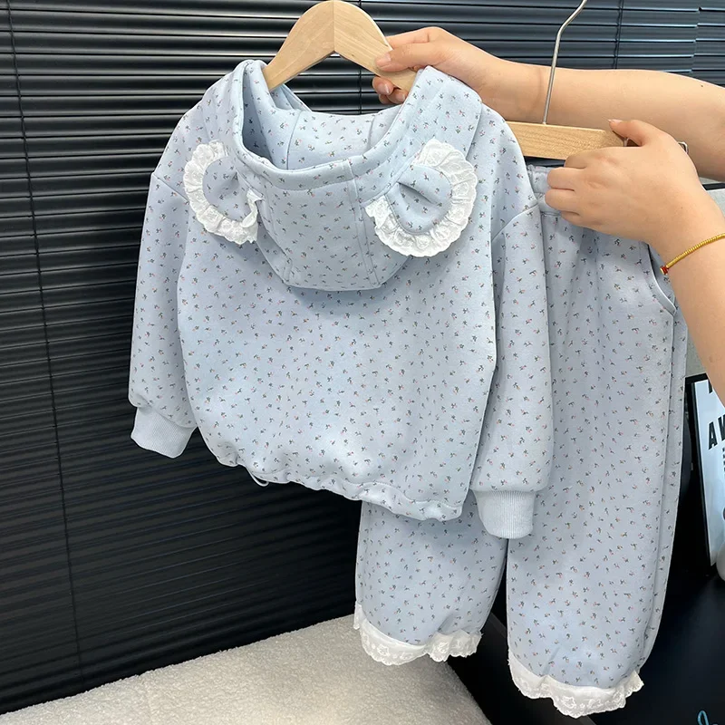 

Loose Coat+Elastic Waist Lace Hem Wide Leg Pants 1-8Y Children Outfits 2Pcs Girls Blue Tracksuit Floral Print Long Sleeve Hooded