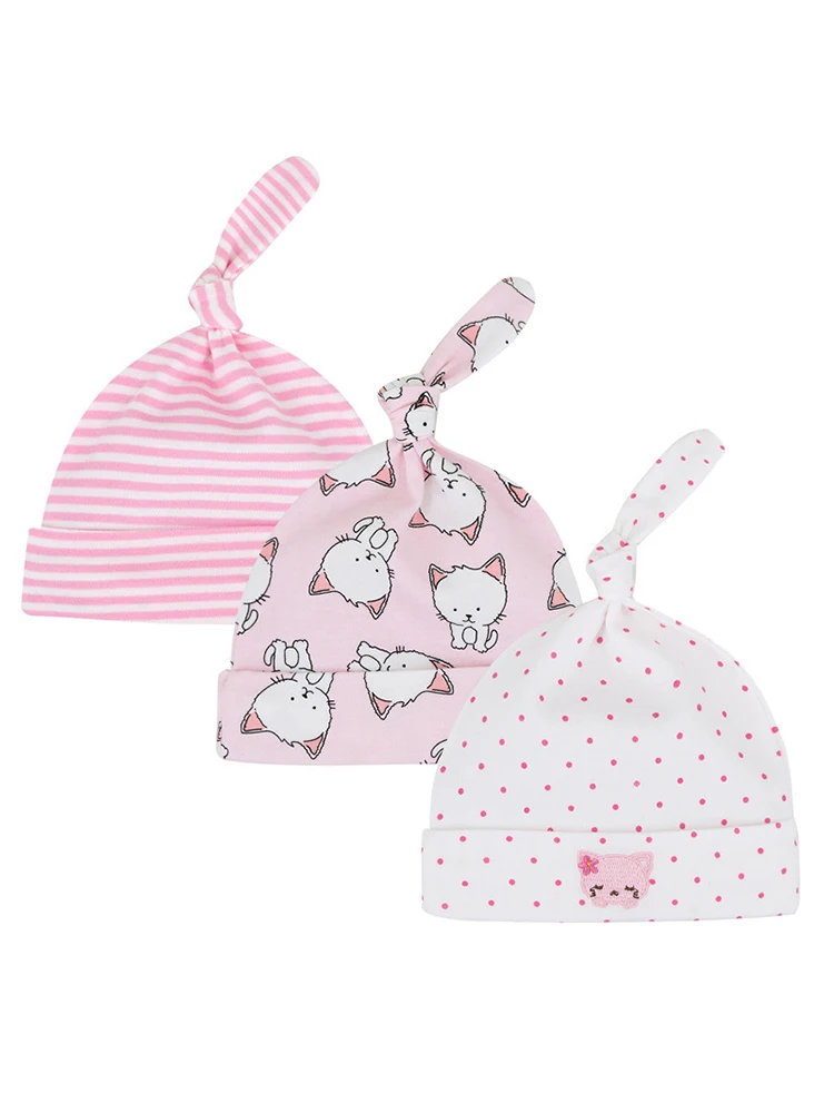 3pcs Girls\' Baby Hats Made of Pure Cotton for Spring/Summer Breathable 0-6 Months Child Accessories