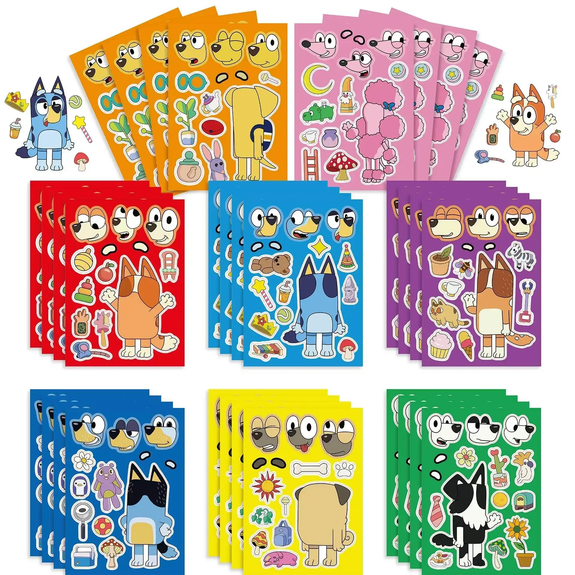 8/16Sheets Bluey Sticker DIY Puzzle Stickers Make-a-Face Funny Assemble Jigsaw DIY Cartoon Sticker For Educational Toys