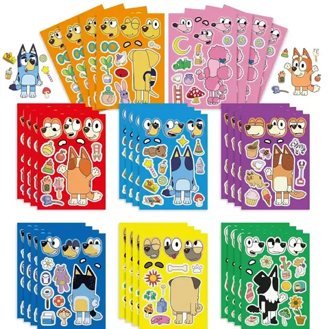 8/16Sheets Bluey Sticker DIY Puzzle Stickers Make-a-Face Funny Assemble Jigsaw DIY Cartoon Sticker For Educational Toys