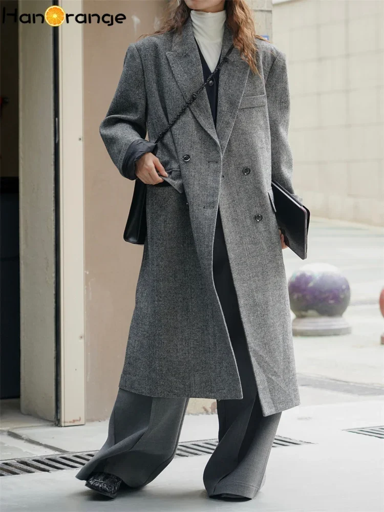 HanOrange 2024 Winter Fashion Modern H-shaped Wool Suit Jacket Loose Silhouette Slim X-Long Coat Female Black Gray/Oat