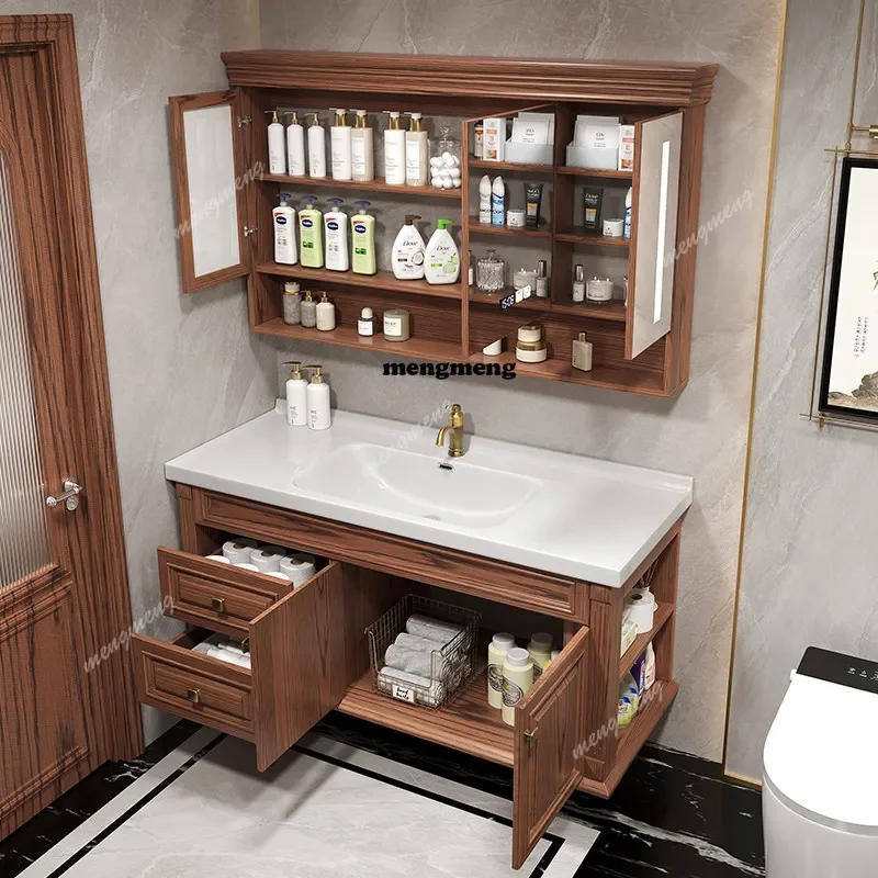 Top selling American red oak washstand ceramic integrated basin face wash cabinet solid wood rock slab bathroom cabinet combinat
