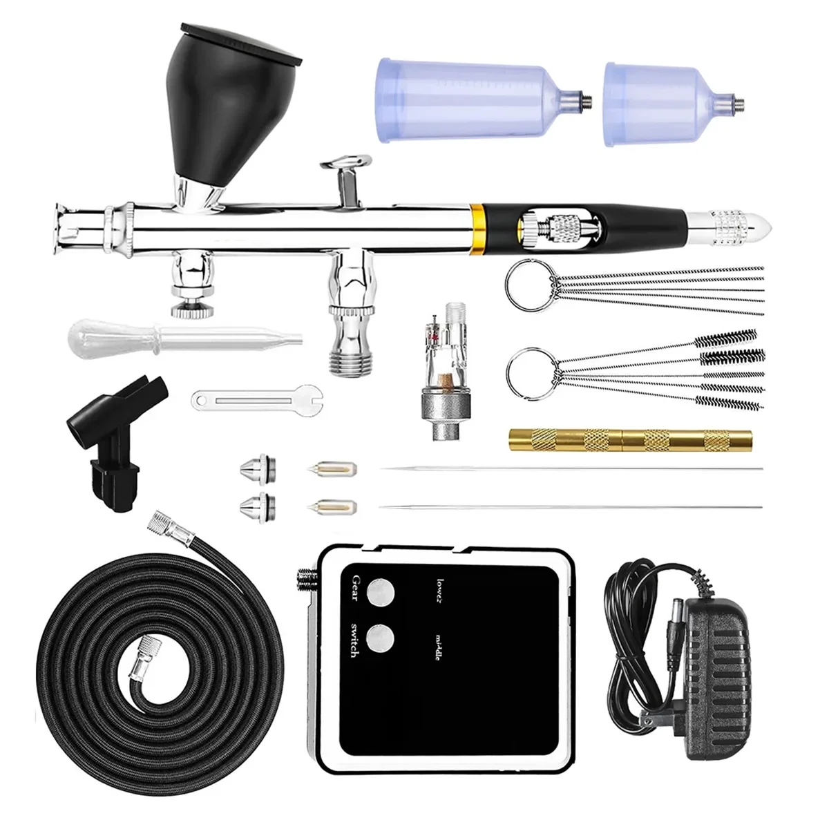 Dual-Action Airbrush with 30psi Auto Stop Compressor Kit Air Brush Spray Gun for Makeup Nail Paint Tattoo Body Cake Car Barber