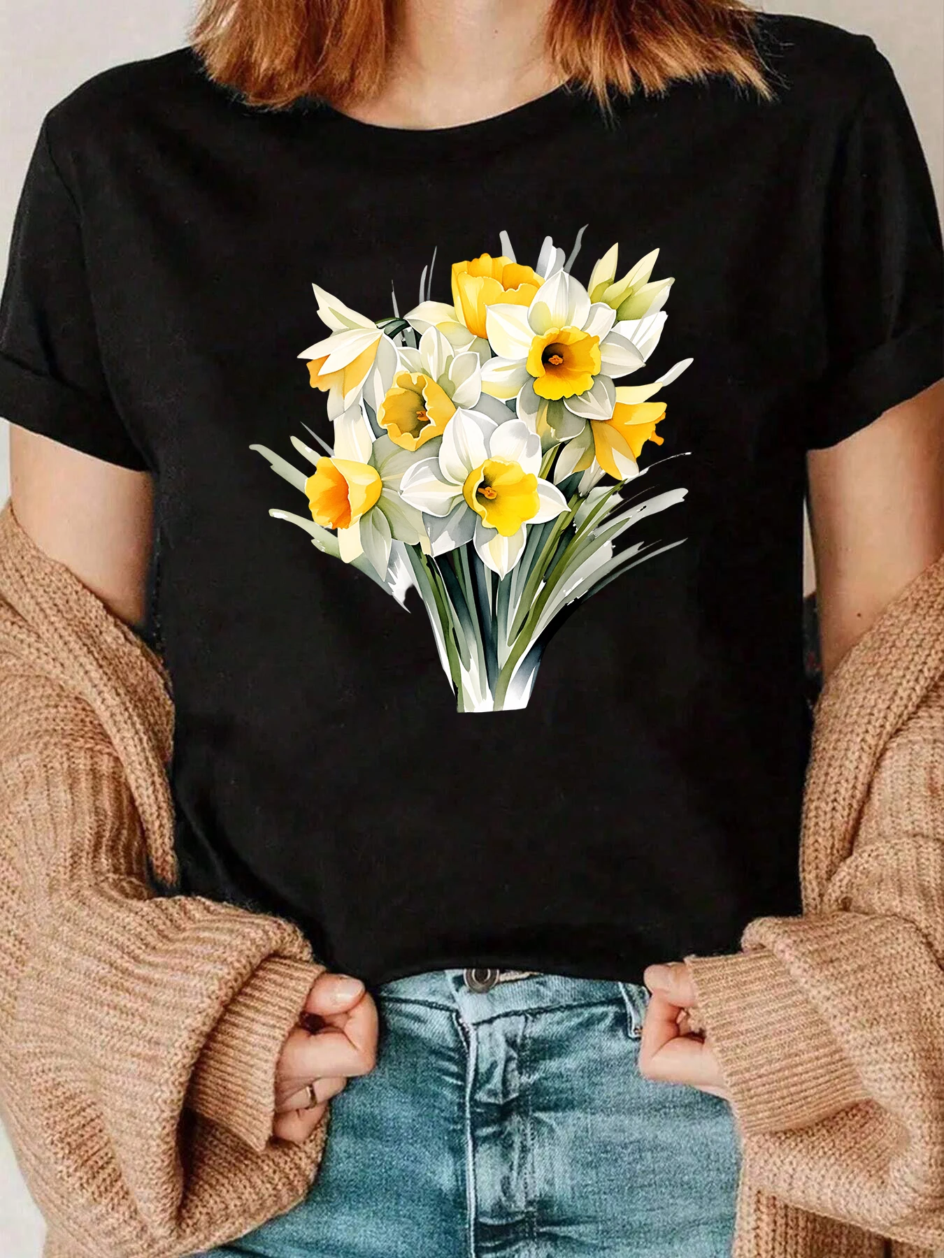 

Daffodil Floral Print T Shirt Spring Easter Casual Wear Women 220g