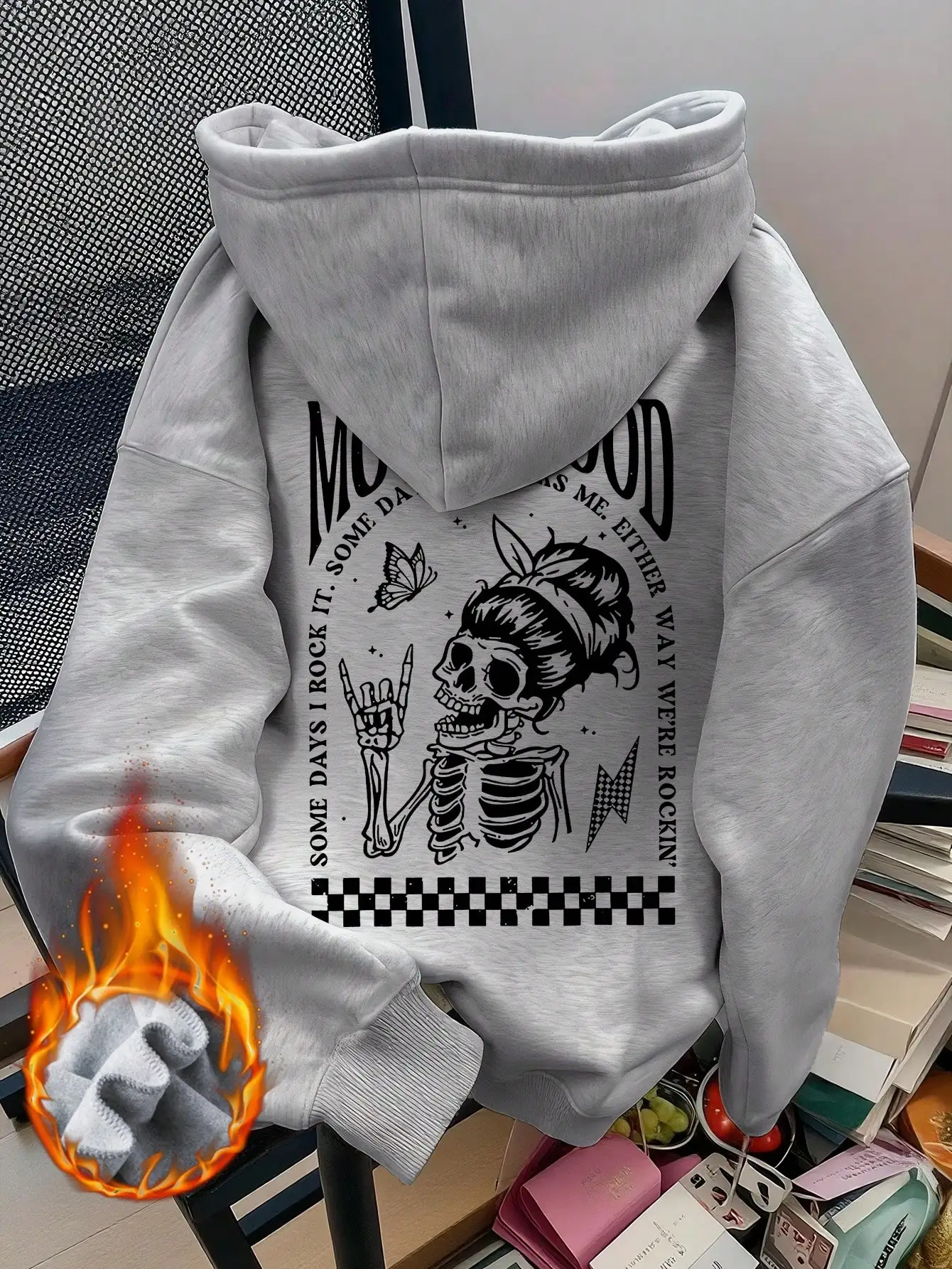 Women's Rock Skull Graphic Hoodie with Bow & Checkered Pattern, Loose Fit Winter Sweatshirt