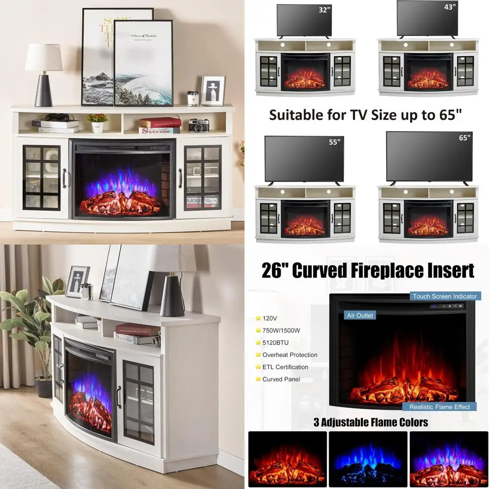 

Curved Electric Fireplace TV Stand, 26 Media Center with Glass Door Storage Cabinet, Farmhouse Style Entertainment Furniture
