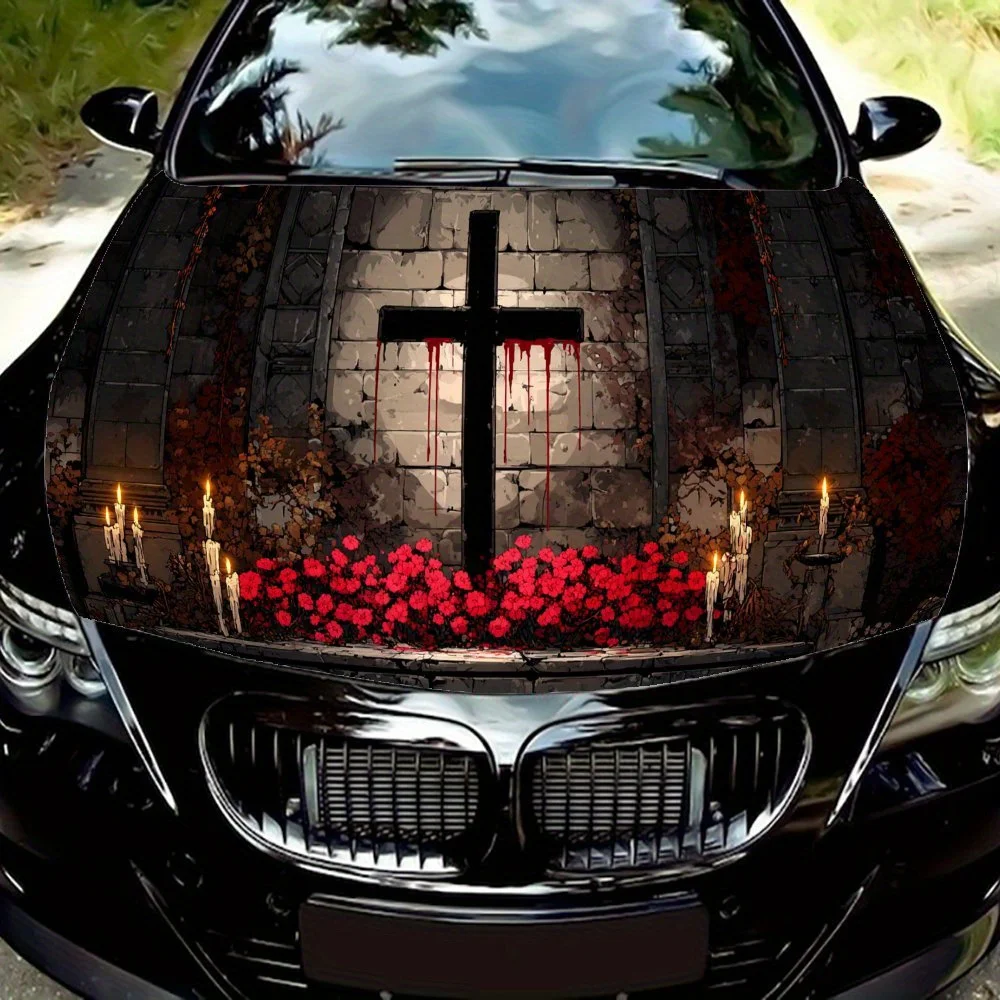 

Cross Rose Dark Print PVC Car Vinyl Wraps, Self-Adhesive Waterproof Car Hood Decal Sticker, Car Decoration Protection Stickers f