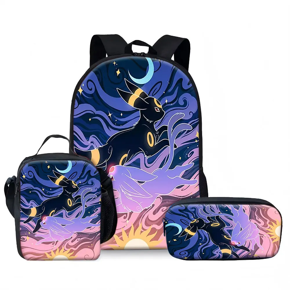 Kids Bag,Pokémon,Umbreon & Espeon 3pcs Backpack Set Starry Sky Print Breathable Schoolbag with Lunch Pouch Pen Case for Stude