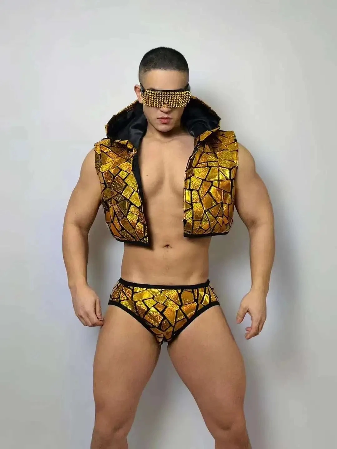 Traje de Baile Folclórico para hombre, Ropa de baile con capucha, calzoncillos sin mangas con lentes, Top y pantalones cortos, Dj, club nocturno, bailarina, Gogo