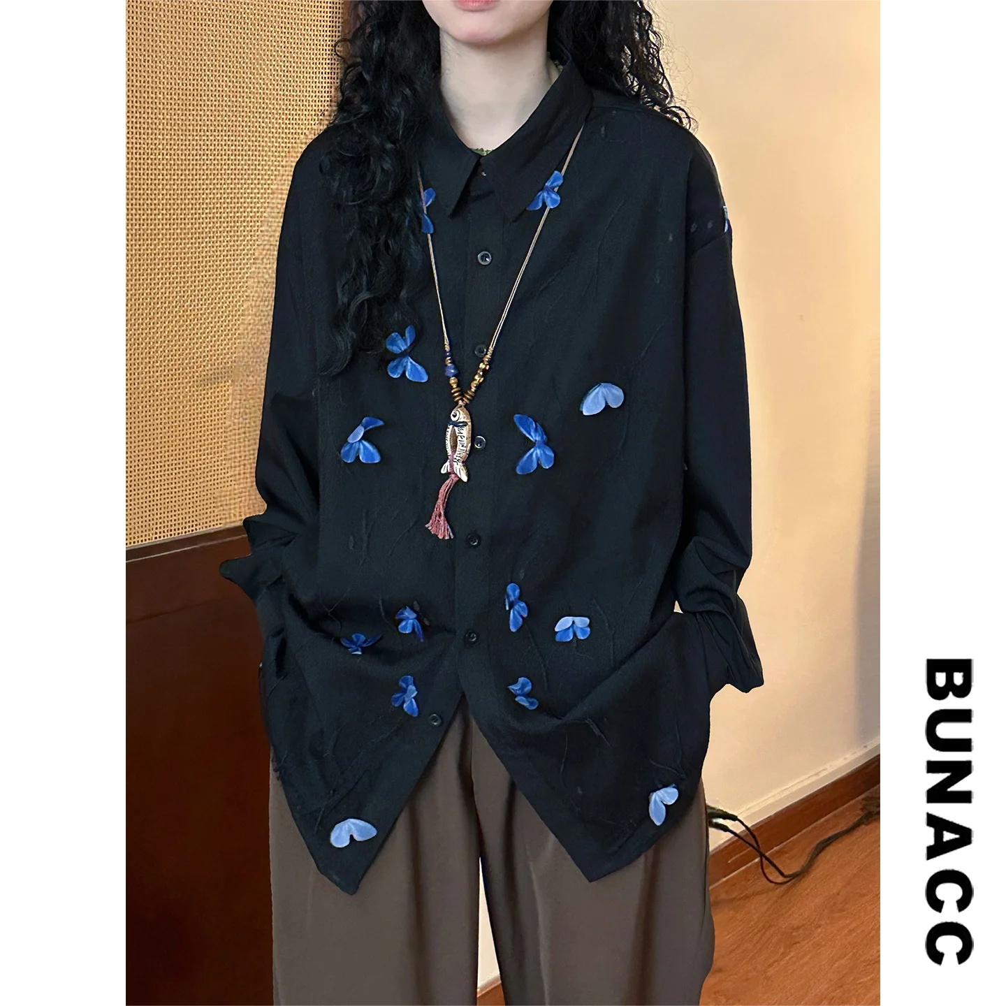 

Spring Street Style Embroidery Long Sleeve Shirt Women's Top Fake Two-Piece Loose Fit Collar Button down Casual