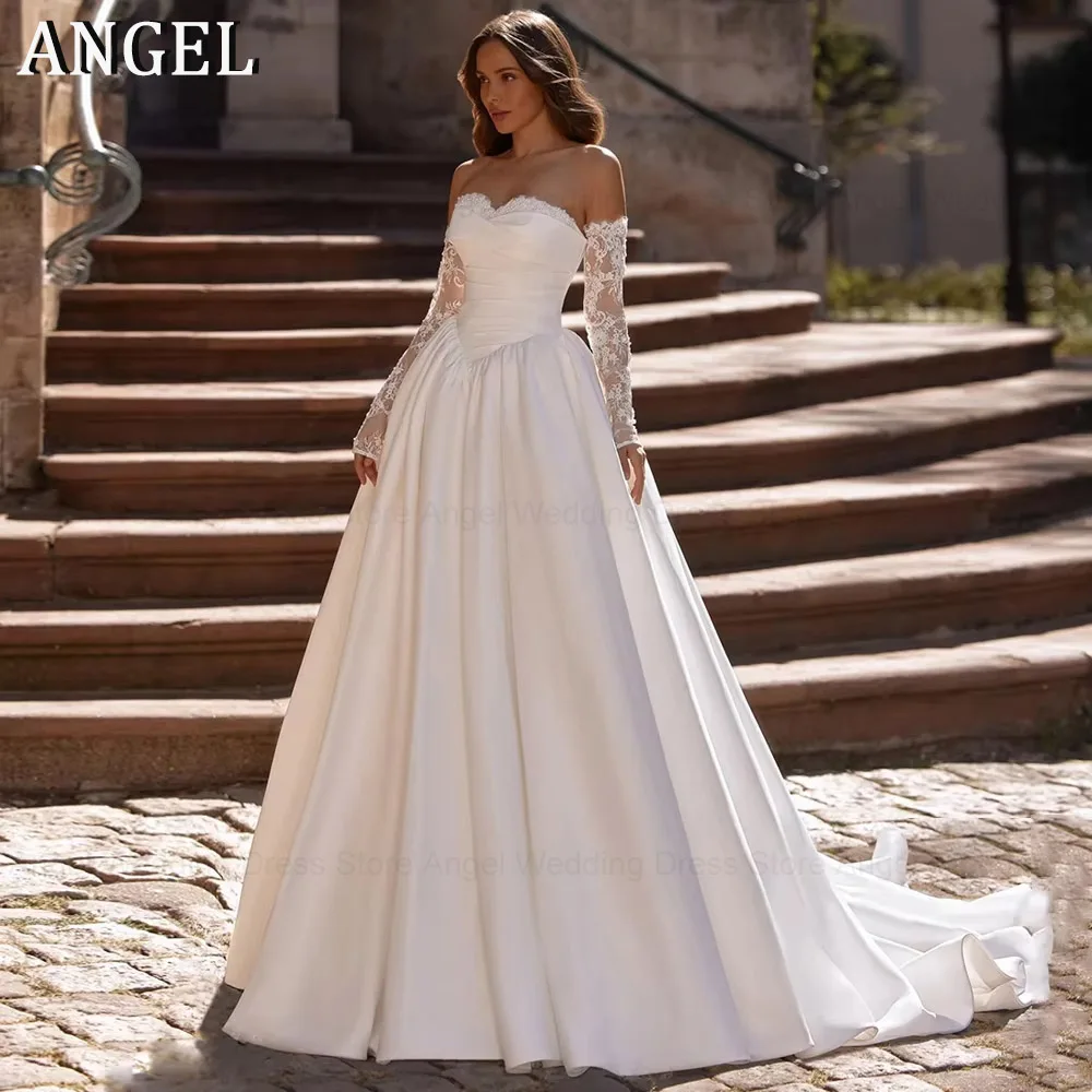 

ANGEL Customized Satin Modern Wedding Dress 2026 A-Line Strapless Lace Up Sweep Train Vestido De Noiva Bridal Gown Evening Gowns