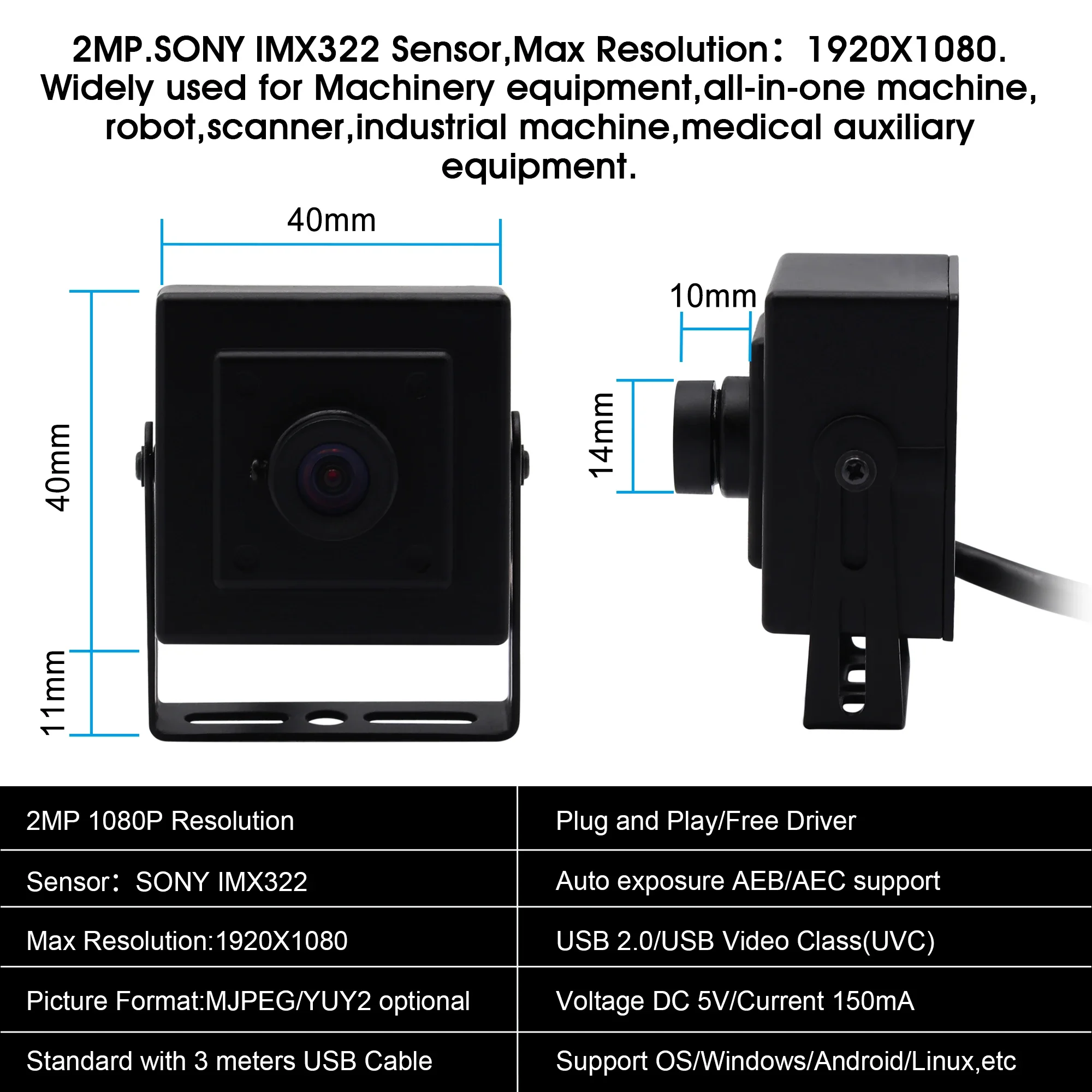 2026 ELP 2MP 1080P 30fps H.264  IMX323 0.01Lux USB Camera with MIC 100 Degree No Distortion Lens USB Video Camera for PC/Laptop
