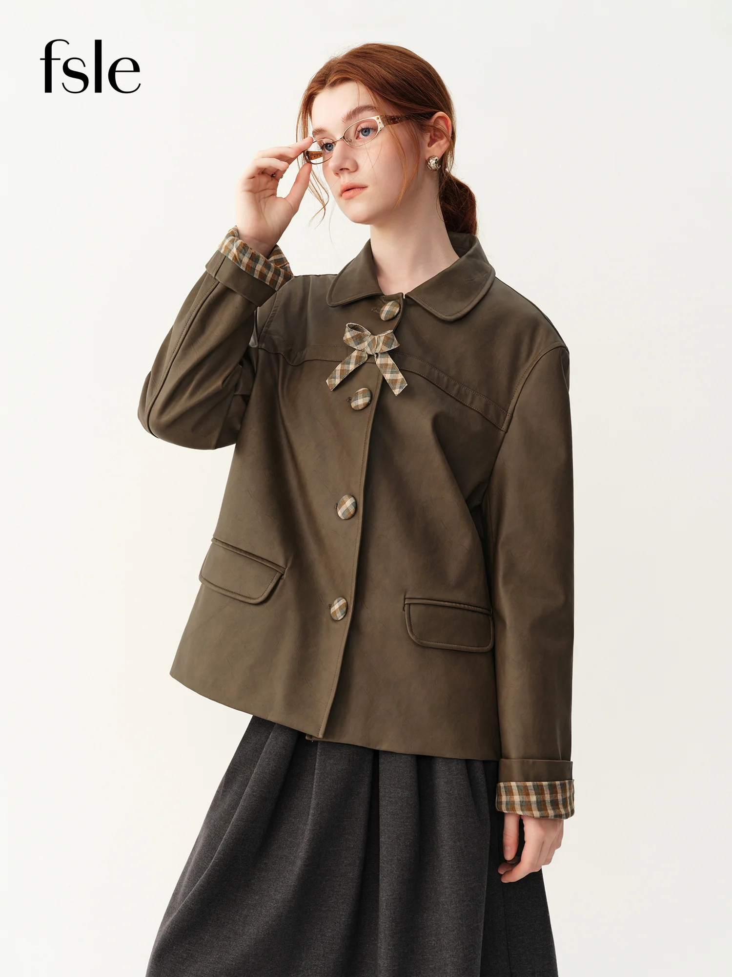 FSLE 2026 Winter New Women Preppy‑Style Peter Pan Collar Coffee PU Leather Coat Plaid Spliced Vintage Casual Faux Leather Jacket