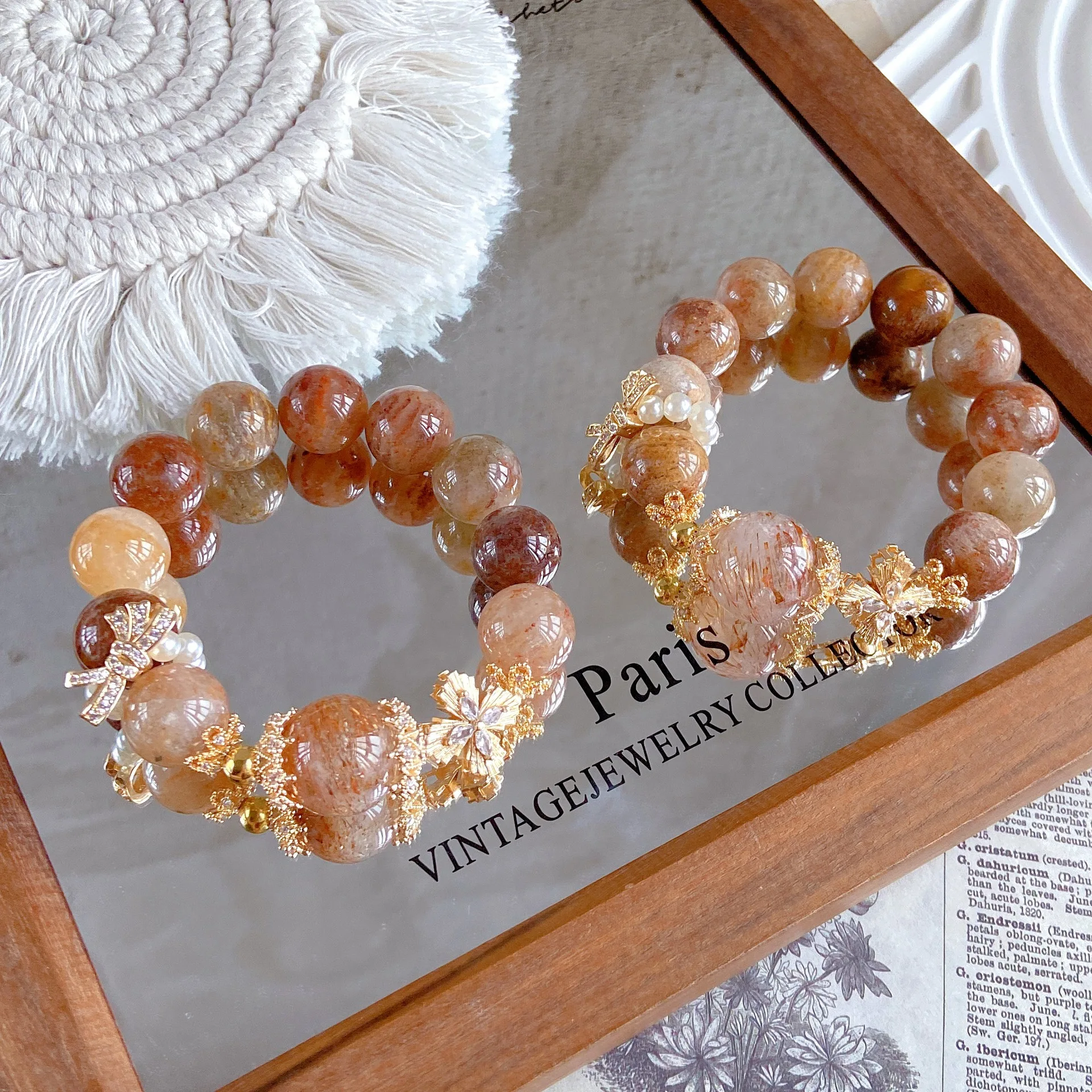 Chinese Style Lucky Fortune Blessing Natural Black Golden Phantom Quartz 18mm Large Bead Bracelet Maillard Tone Bow Zircon Decor