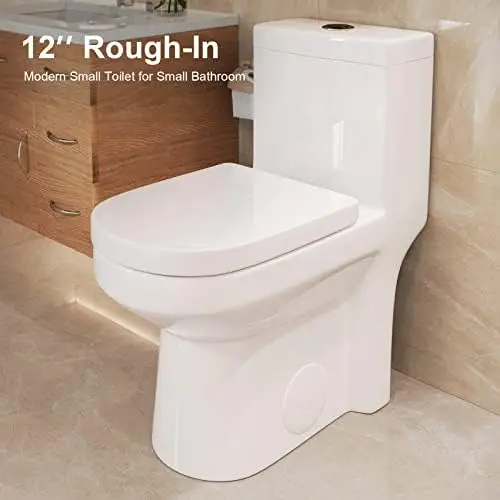 HWMT-8733 Small Compact One Piece Toilet For Bathroom, Powerful & Quiet Dual Flush Modern Toilet, 12'' Rough-In Toilet