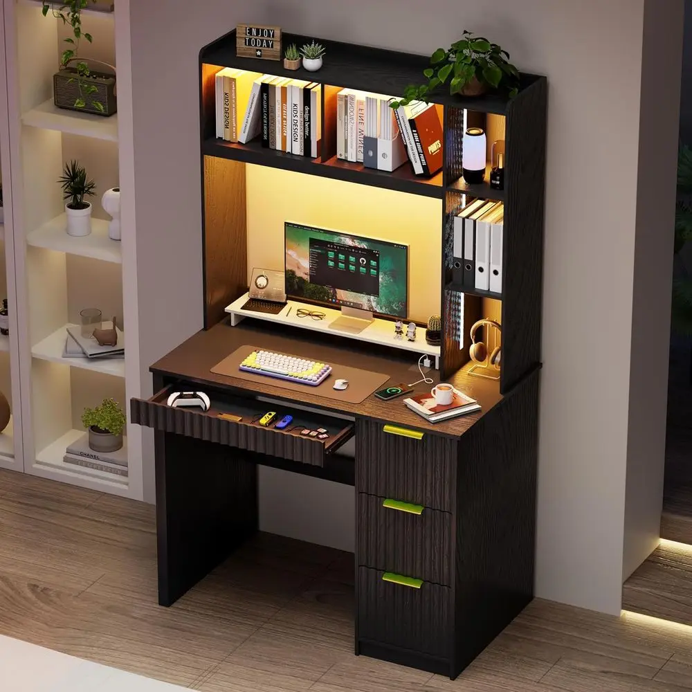

39 LED-lit Computer Desk with Charging Station, 3 Drawers, Hidden Compartment, and Luted Panel Design for Home Office or Bedroom